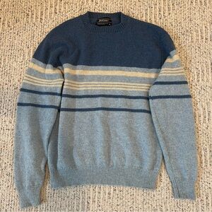 Vintage Jantzen Men's Blue and White Striped Cozy Knit Crewneck Sweater, XL